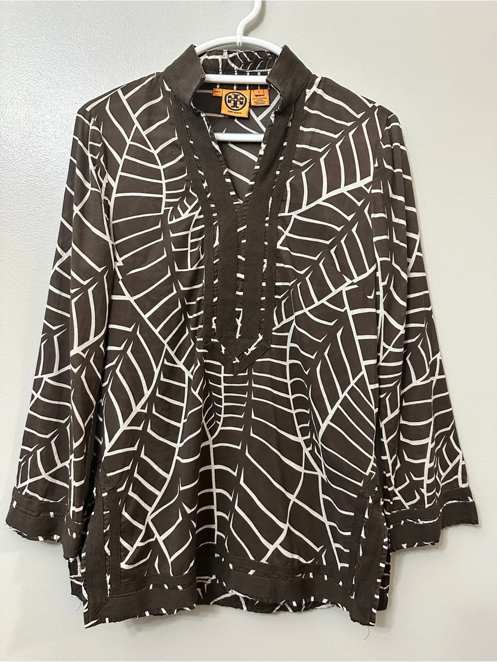 Tory Burch Tunic Top Blouse Sz 4 Brown White Geometric Palm Leaf Cotton 13081190